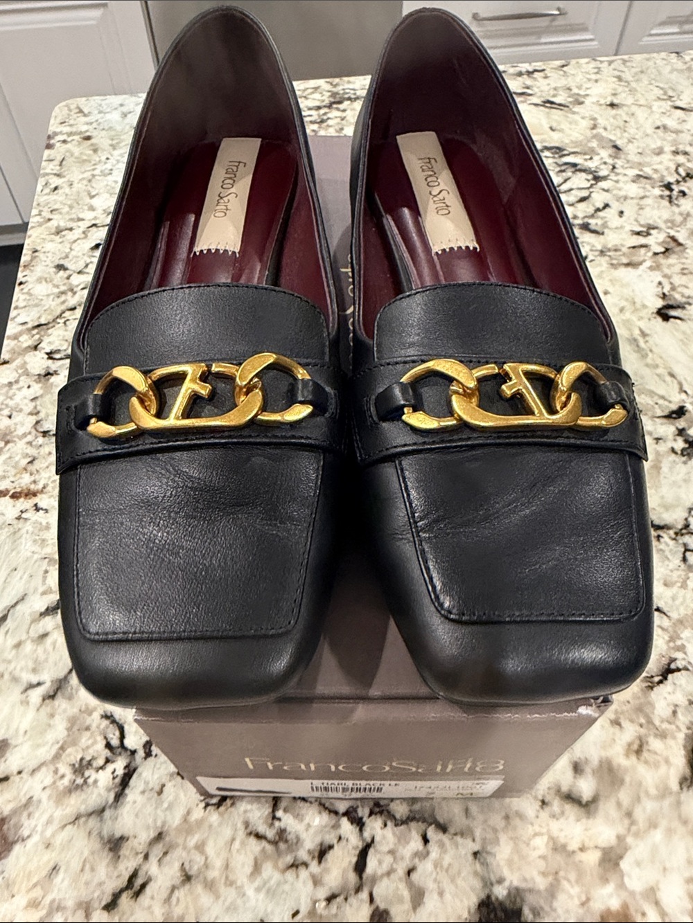 Franco Sarto Black Leather Loafers with Gold Chain Accent